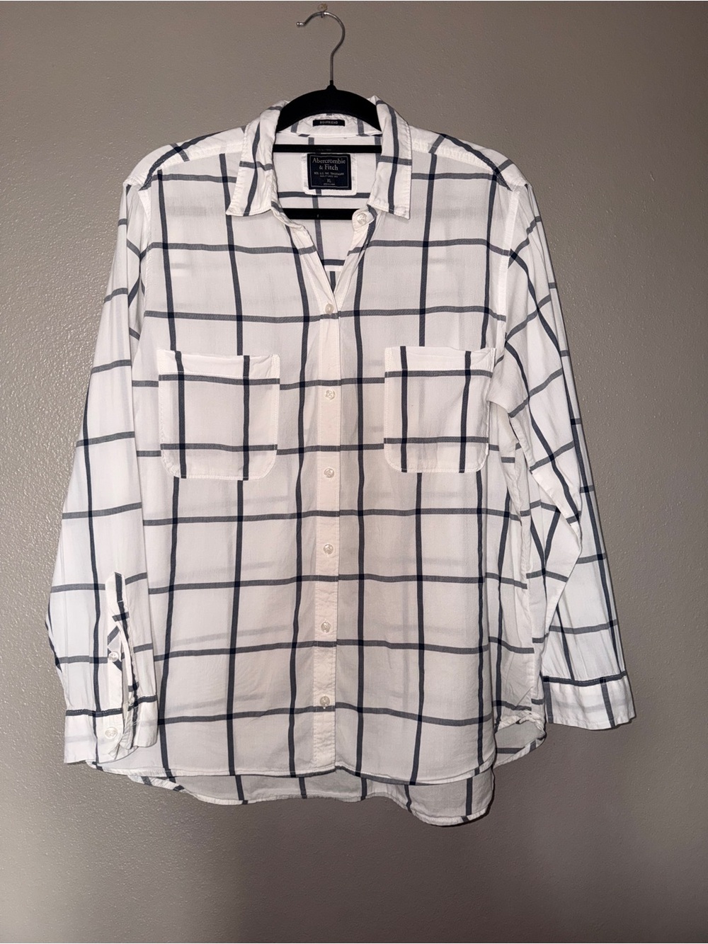 Abercrombie & Fitch White Button-Down Shirt with Black Windowpane Plaid